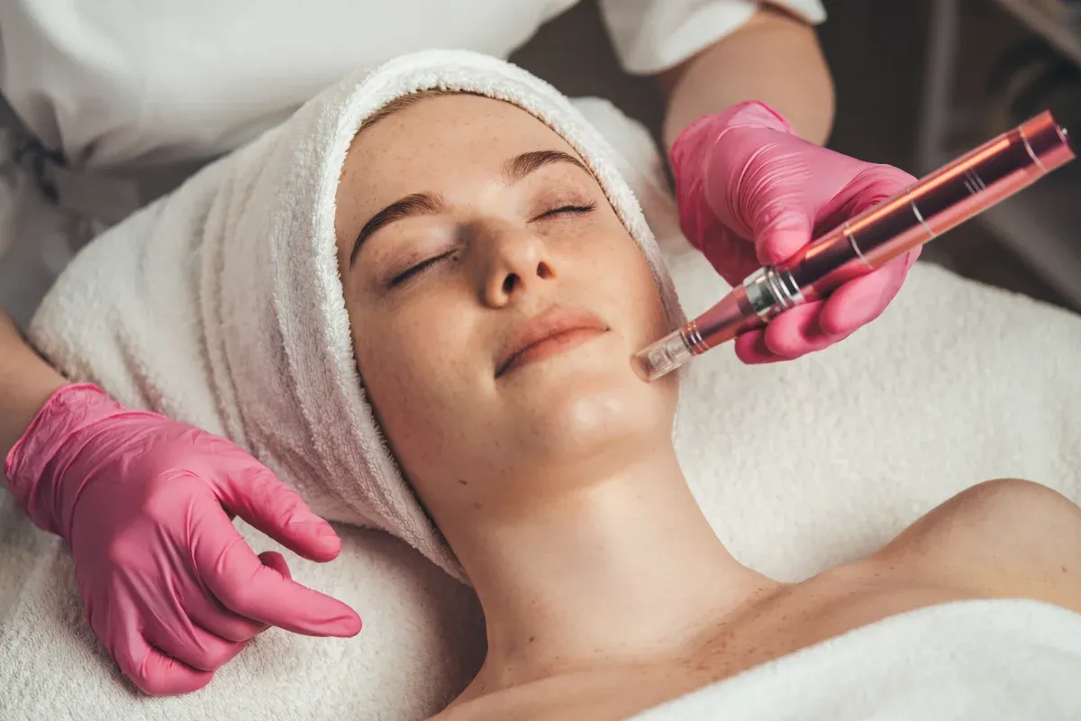 A client lying back with her hair wrapped in a towel while a gloved practitioner treats her cheek with a pen shaped device