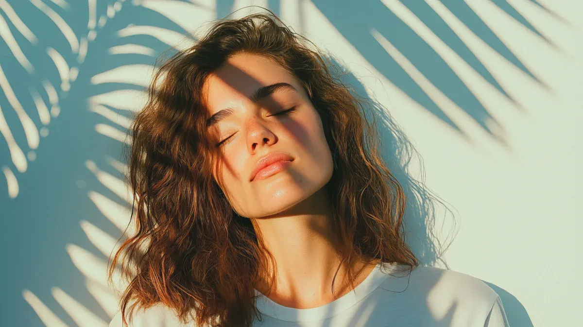 A woman with wavy auburn hair, eyes closed, in sunlight with the shadows of palm leaves behind her