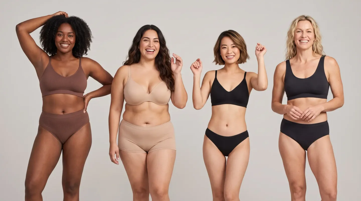 Four smiling women of different body types standing together in underwear sets